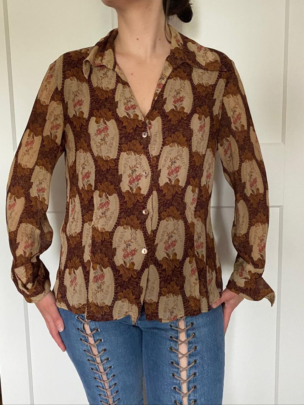 Anne Klein Silk Brown Floral Print Button-Down Blouse